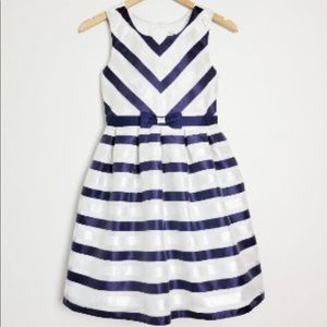 Jona Michelle~Navy Blue, Silver & White Striped Sleeveless Dress